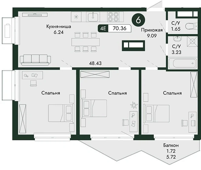 Квартира 3-комн. 70.36 кв. м