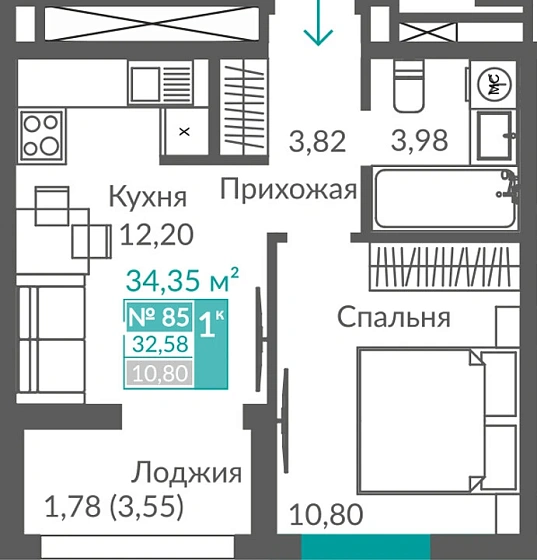 Квартира 1-комн. 32.58 кв.м
