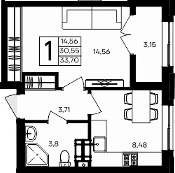 Квартира 1-комн. 33.7 кв. м
