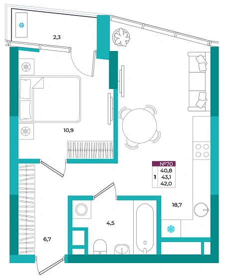 Квартира 1-комн. 42 кв.м
