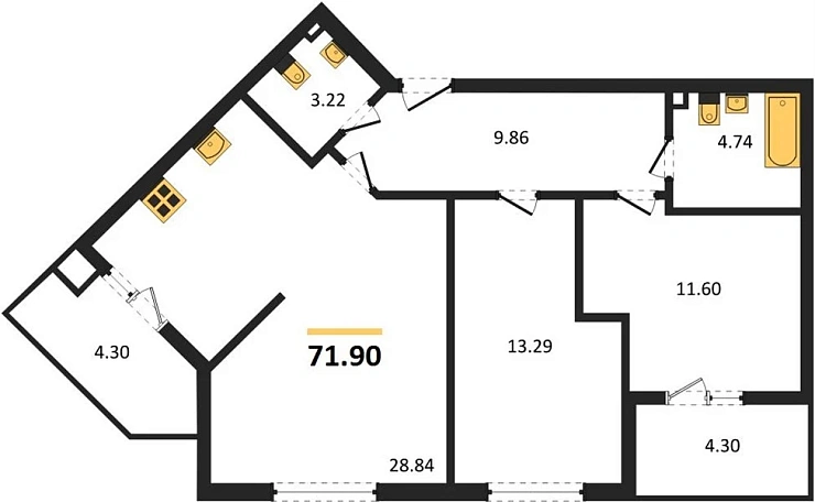 Квартира 2-комн. 71.9 кв. м