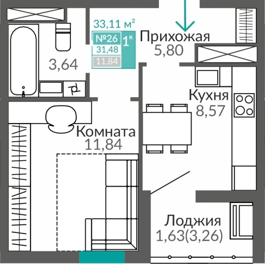 Квартира 1-комн. 31.48 кв.м