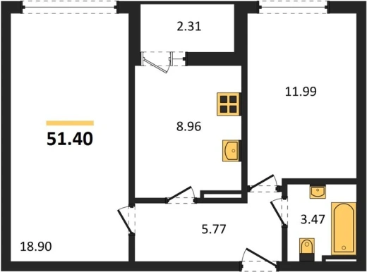 Квартира 2-комн. 51.4 кв. м