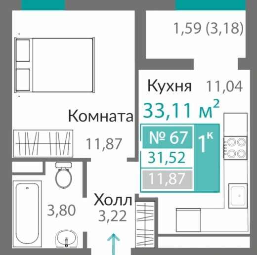 Квартира 1-комн. 31.52 кв.м
