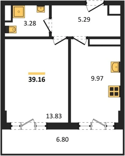 Квартира 1-комн. 39.16 кв. м