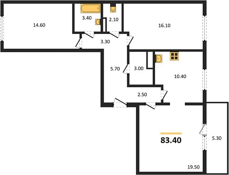 Квартира 3-комн. 83.4 кв. м