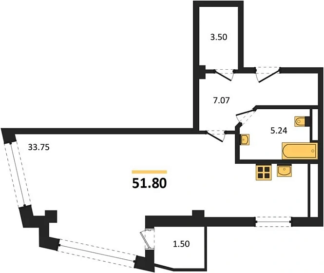 Апартаменты 1-комн. 51.8 кв. м