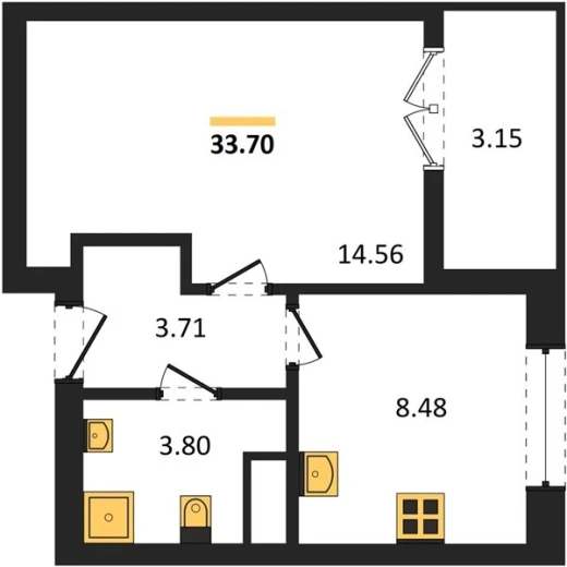 Квартира 1-комн. 33.7 кв. м