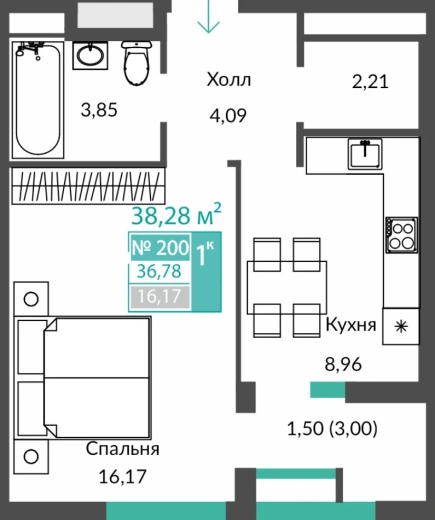 Квартира 1-комн. 36.78 кв.м