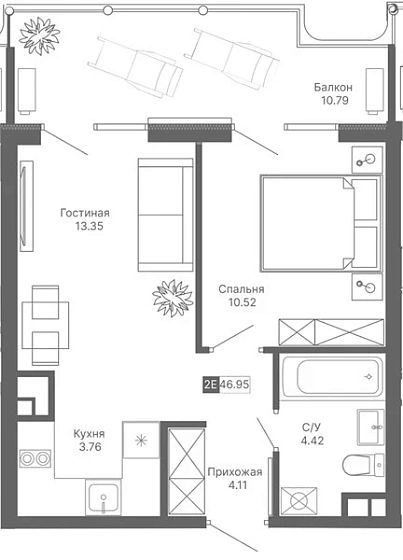 Апартаменты 1-комн. 46.95 кв. м