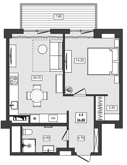 Апартаменты 2-комн. 56.8 кв. м