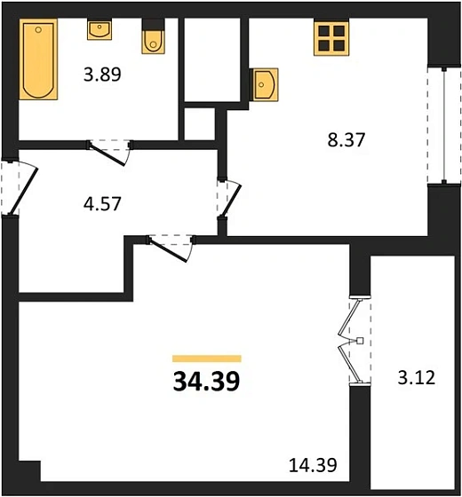 Квартира 1-комн. 34.39 кв. м