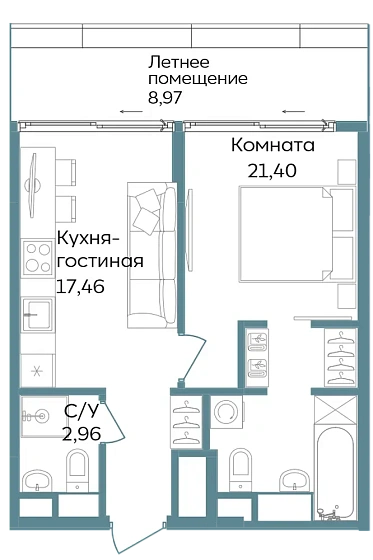 Апартаменты 2-комн. 50.79 кв. м