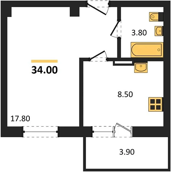 Квартира 1-комн. 34 кв. м