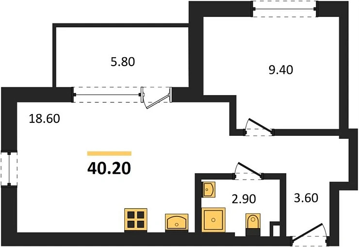 Апартаменты 1-комн. 40.2 кв. м