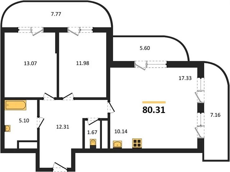 Квартира 2-комн. 80.31 кв. м