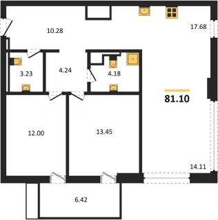 Квартира 3-комн. 81.1 кв. м