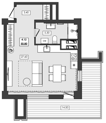 Апартаменты 1-комн. 50.8 кв. м
