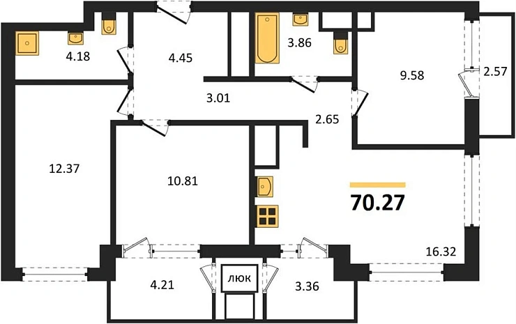 Квартира 3-комн. 70.27 кв. м