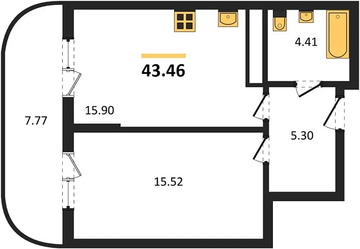 Квартира 1-комн. 43.46 кв. м