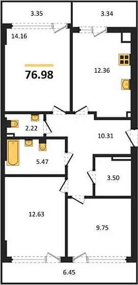 Квартира 3-комн. 76.98 кв. м