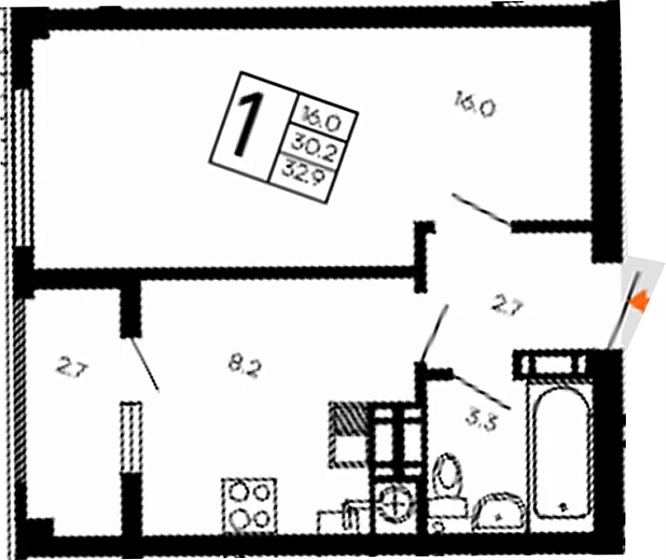 Квартира 1-комн. 32.9 кв. м