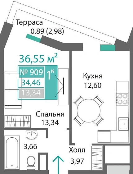 Квартира 1-комн. 34.46 кв.м