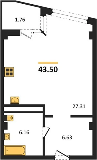 Апартаменты 1-комн. 43.5 кв. м