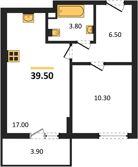 Квартира 1-комн. 39.5 кв. м