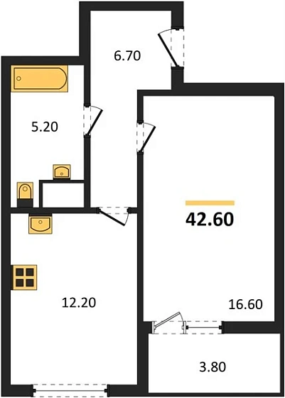 Квартира 1-комн. 42.6 кв. м