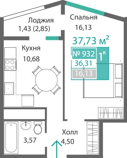 Квартира 1-комн. 36.31 кв.м