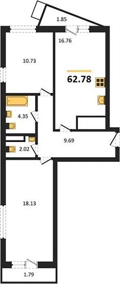 Квартира 2-комн. 62.78 кв. м