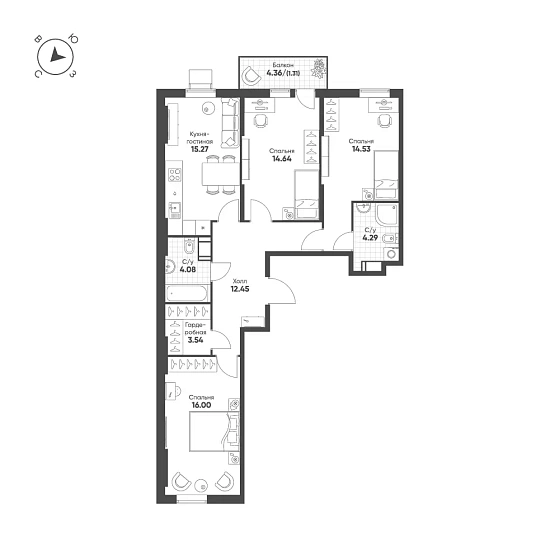 Квартира 3-комн. 86.11 кв. м