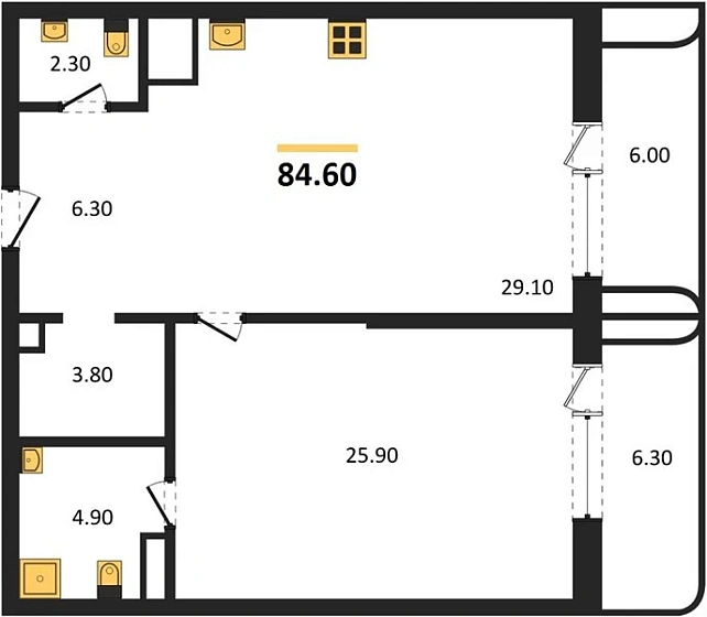 Квартира 1-комн. 84.6 кв. м