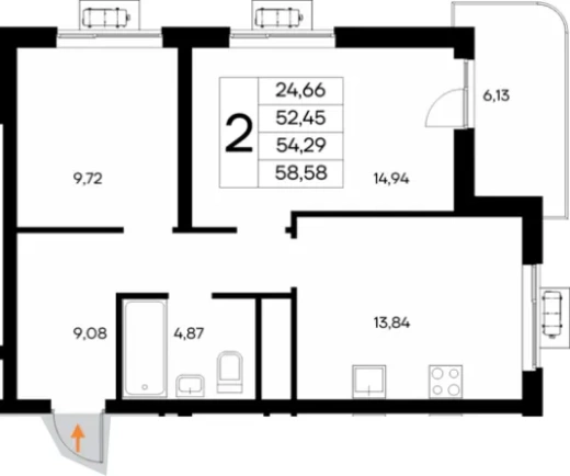 Квартира 2-комн. 58.58 кв. м