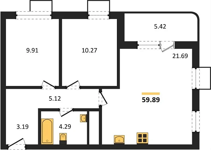 Квартира 2-комн. 59.89 кв. м