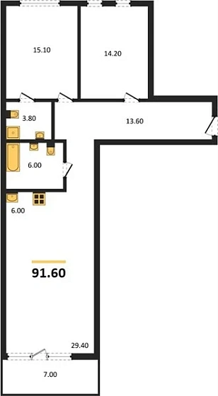 Квартира 2-комн. 91.6 кв. м