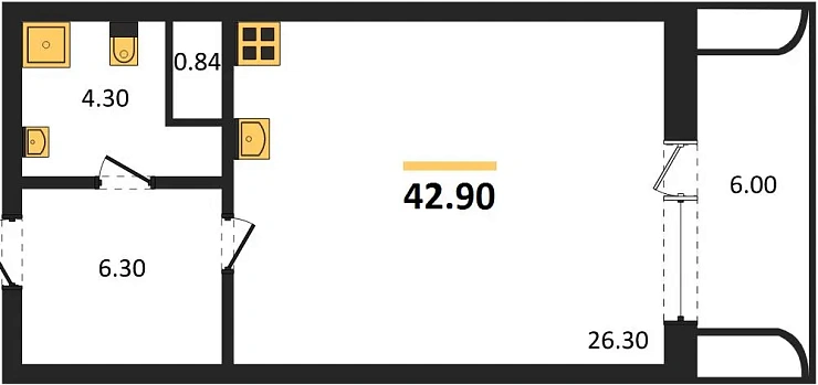 Квартира Студия 42.9 кв. м