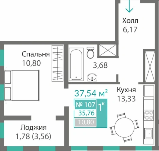 Квартира 1-комн. 35.76 кв.м