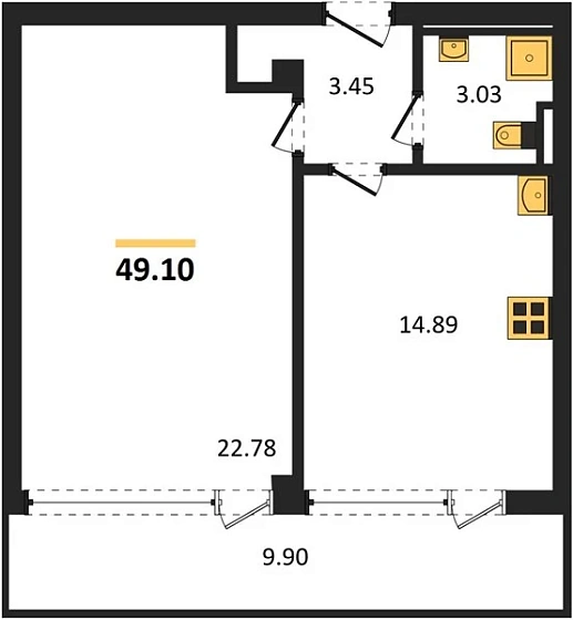 Квартира 1-комн. 49.1 кв. м