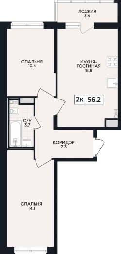Квартира 2-комн. 56.2 кв. м