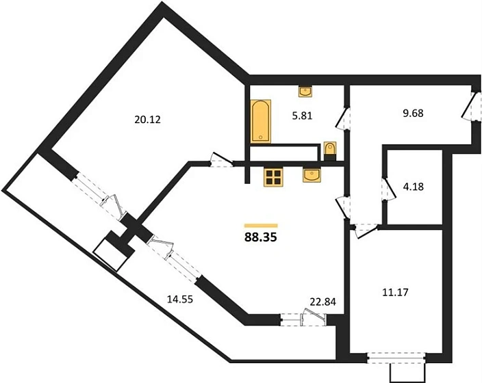 Квартира 2-комн. 88.35 кв. м