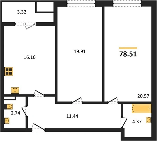 Квартира 2-комн. 78.51 кв. м