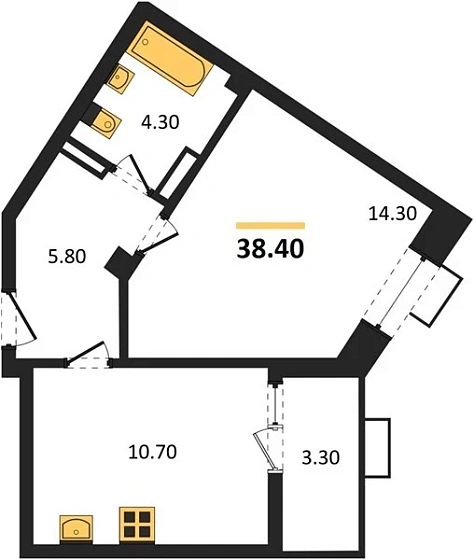 Квартира 1-комн. 38.4 кв. м