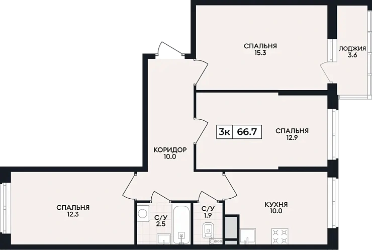 Квартира 3-комн. 66.7 кв. м