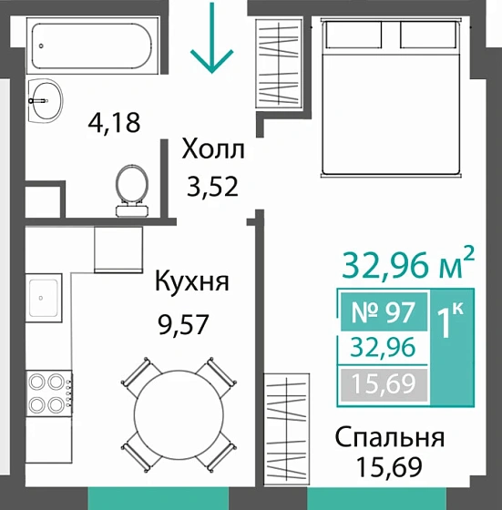 Квартира 1-комн. 32.96 кв.м