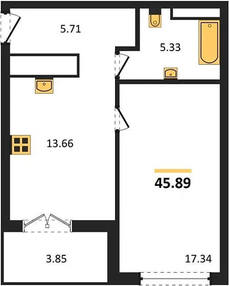 Квартира 1-комн. 45.89 кв. м