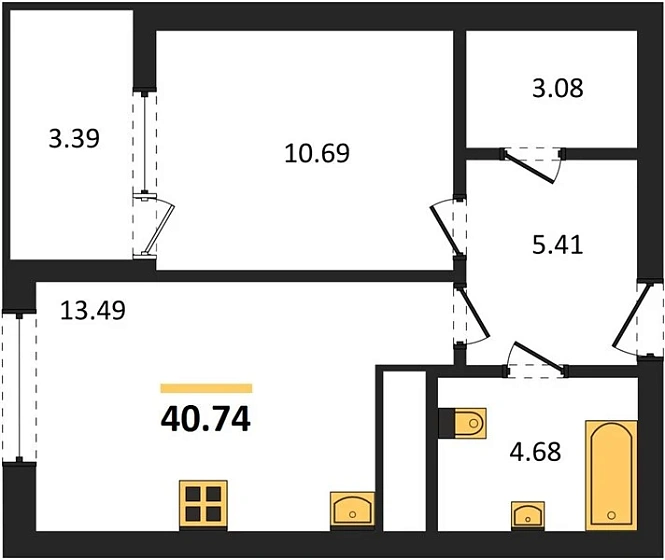 Квартира 1-комн. 40.74 кв. м
