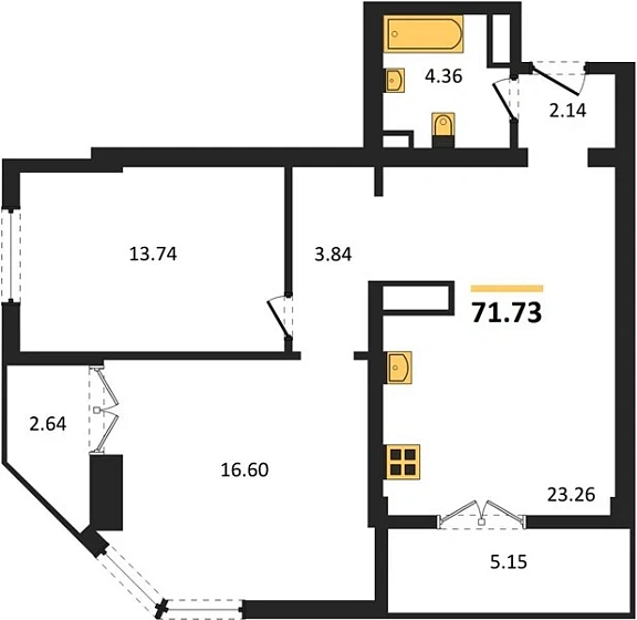 Квартира 2-комн. 71.73 кв. м