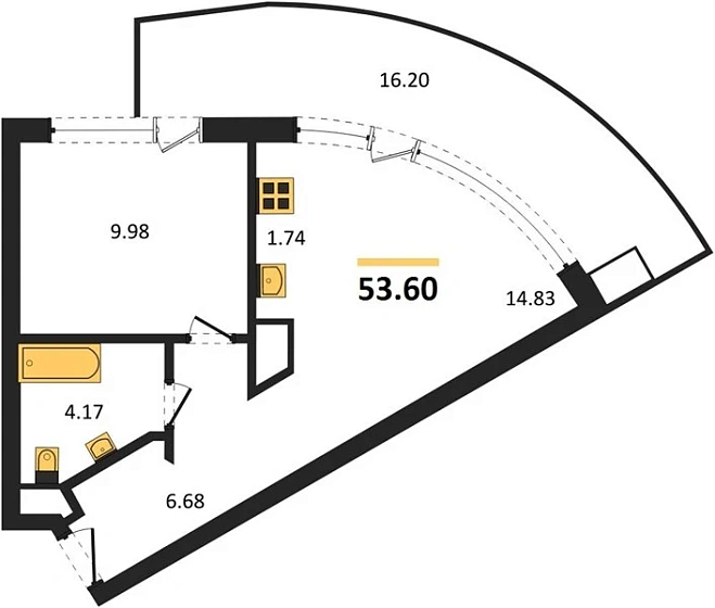 Апартаменты 1-комн. 53.6 кв. м